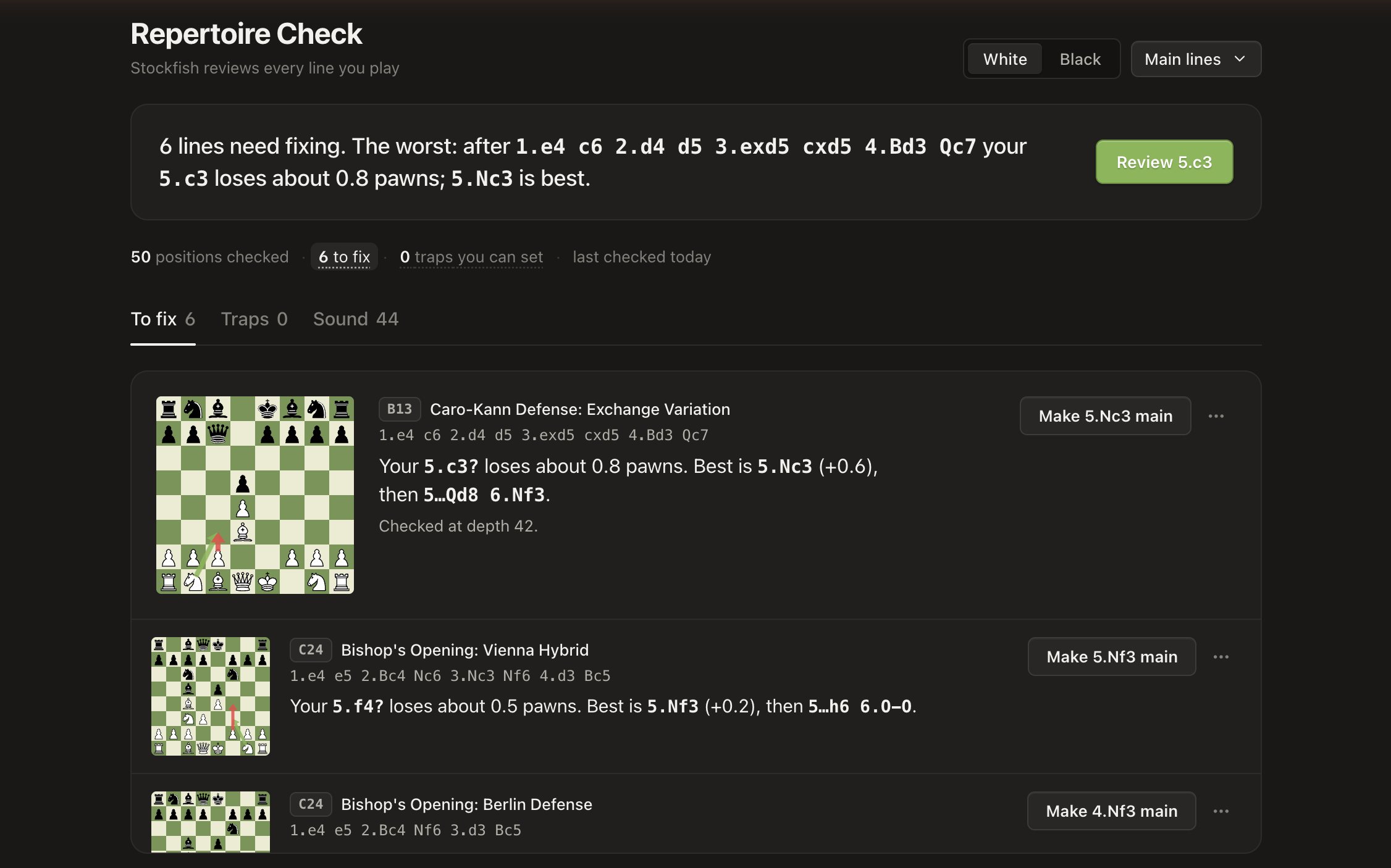 Repertoire Check after checking 50 positions: six lines to fix, each with the cost in pawns, the better move and a one-click fix