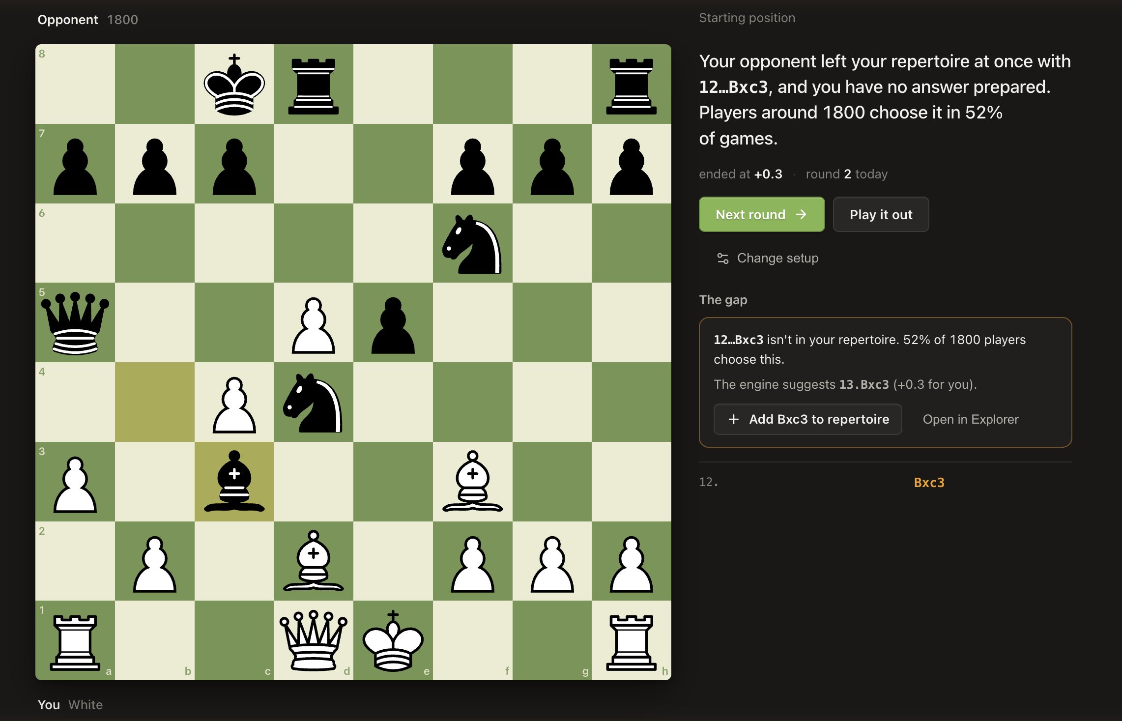 A sparring round in which the opponent plays 12…Bxc3, a reply with no prepared answer, with the engine’s suggestion and a button to add it